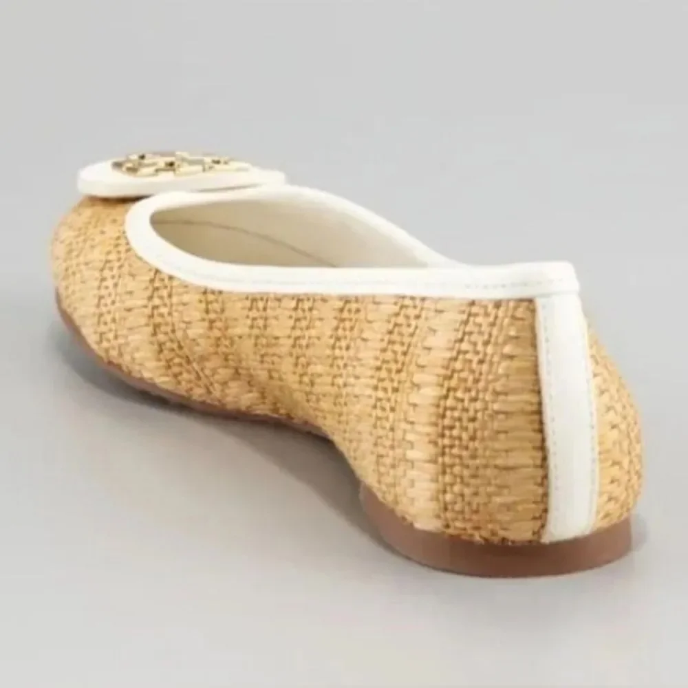 Tory Burch Designer Reva Raffia Straw Beige Tan Ballet Flats 9